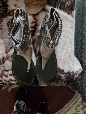 BAMBOO Taupe Braided Thong Sandals with Beaded Ankle Straps